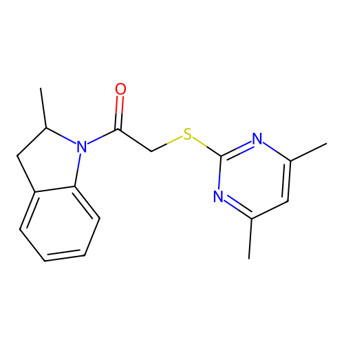 2-(4,6-Dimethylpyrimidin-2-ylthio)-1-(2-methylindolinyl)ethan-1-one structure