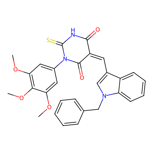 5-((1-benzyl-1H-indol-3-yl)methylene)-2-thioxo-1-(3,4,5-trimethoxyphenyl)dihydropyrimidine-4,6(1H,5H)-dione structure