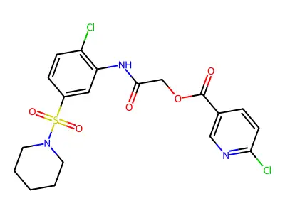 [2-(2-chloro-5-piperidin-1-ylsulfonylanilino)-2-oxoethyl] 6-chloropyridine-3-carboxylate structure