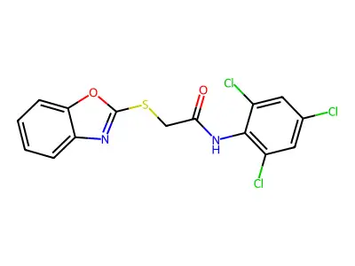 2-(1,3-benzoxazol-2-ylsulfanyl)-N-(2,4,6-trichlorophenyl)acetamide structure