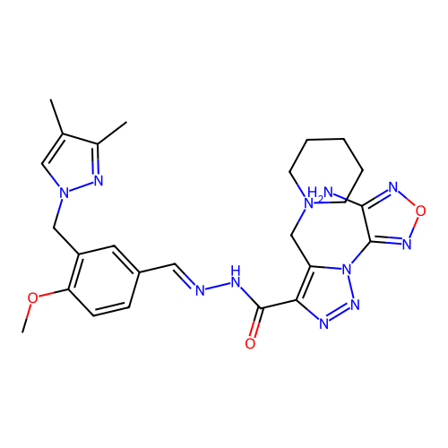 (E)-1-(4-amino-1,2,5-oxadiazol-3-yl)-N'-(3-((3,4-dimethyl-1H-pyrazol-1-yl)methyl)-4-methoxybenzylidene)-5-(piperidin-1-ylmethyl)-1H-1,2,3-triazole-4-carbohydrazide structure