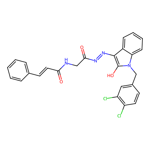 (2E)-N-(2-{(2Z)-2-[1-(3,4-dichlorobenzyl)-2-oxo-1,2-dihydro-3H-indol-3-ylidene]hydrazinyl}-2-oxoethyl)-3-phenylprop-2-enamide (non-preferred name) structure