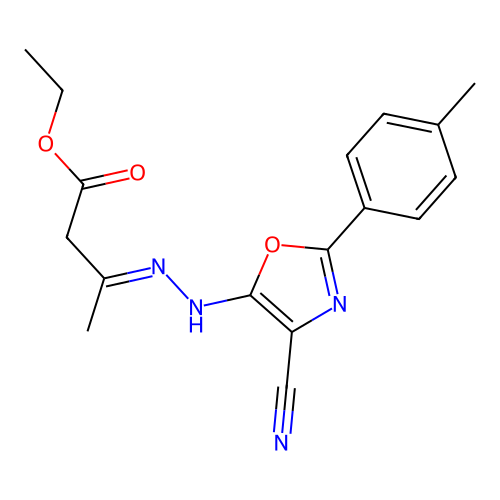 (E)-ethyl 3-(2-(4-cyano-2-(p-tolyl)oxazol-5-yl)hydrazono)butanoate structure