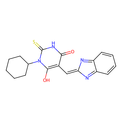 5-(1H-benzimidazol-2-ylmethylidene)-1-cyclohexyl-2-sulfanylidene-1,3-diazinane-4,6-dione structure