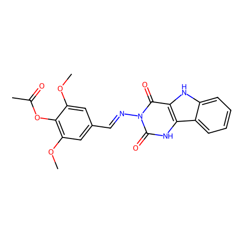 (E)-4-(((2,4-dioxo-1H-pyrimido[5,4-b]indol-3(2H,4H,5H)-yl)imino)methyl)-2,6-dimethoxyphenyl acetate structure