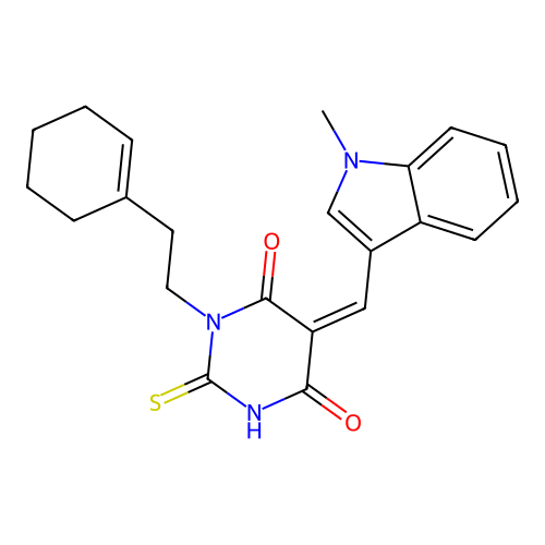 (Z)-1-(2-(cyclohex-1-en-1-yl)ethyl)-5-((1-methyl-1H-indol-3-yl)methylene)-2-thioxodihydropyrimidine-4,6(1H,5H)-dione structure