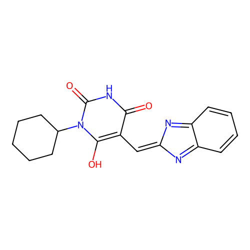 (5Z)-5-(1H-benzimidazol-2-ylmethylidene)-1-cyclohexylpyrimidine-2,4,6(1H,3H,5H)-trione structure
