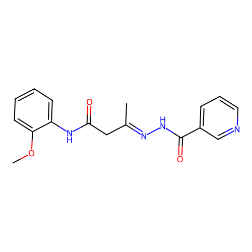 (3E)-N-(2-methoxyphenyl)-3-[2-(pyridin-3-ylcarbonyl)hydrazinylidene]butanamide structure