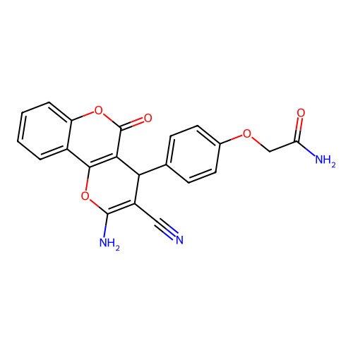 2-[4-(2-amino-3-cyano-5-oxo-4H-pyrano[3,2-c]chromen-4-yl)phenoxy]acetamide structure