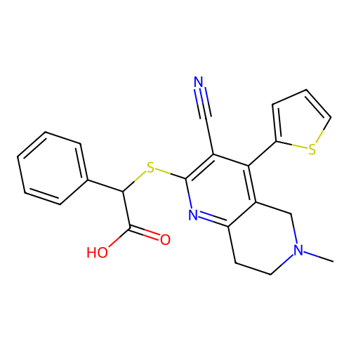 {[3-cyano-6-methyl-4-(thiophen-2-yl)-5,6,7,8-tetrahydro-1,6-naphthyridin-2-yl]sulfanyl}(phenyl)acetic acid structure