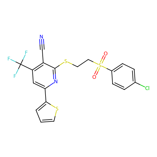 2-((2-((4-chlorophenyl)sulfonyl)ethyl)thio)-6-(thiophen-2-yl)-4-(trifluoromethyl)nicotinonitrile structure