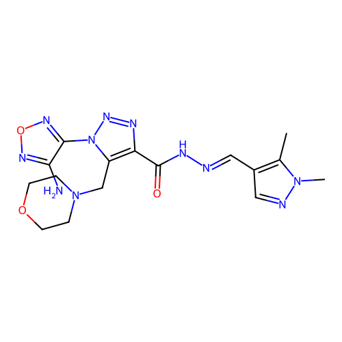 (E)-1-(4-amino-1,2,5-oxadiazol-3-yl)-N'-((1,5-dimethyl-1H-pyrazol-4-yl)methylene)-5-(morpholinomethyl)-1H-1,2,3-triazole-4-carbohydrazide structure