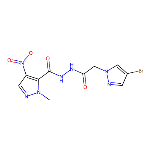 N'-[2-(4-bromopyrazol-1-yl)acetyl]-2-methyl-4-nitropyrazole-3-carbohydrazide structure