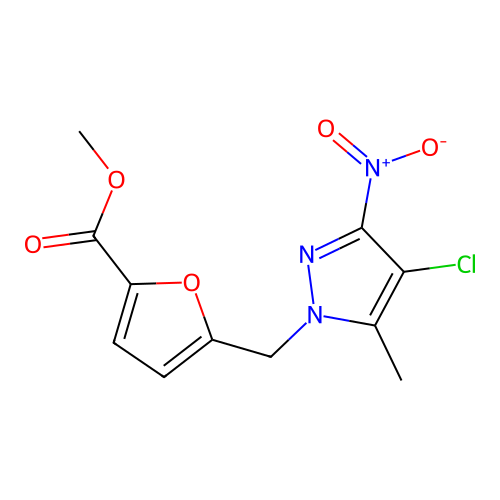methyl 5-[(4-chloro-5-methyl-3-nitro-1H-pyrazol-1-yl)methyl]furan-2-carboxylate structure