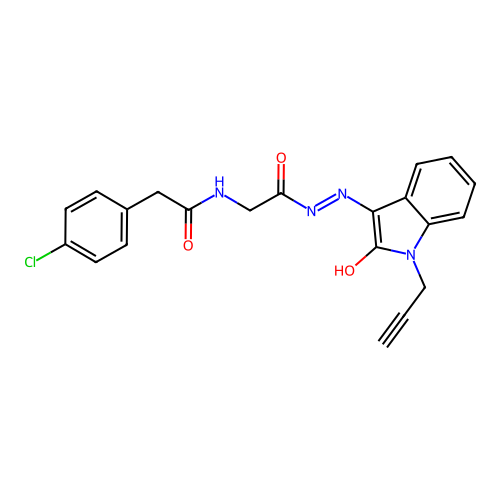 (Z)-2-(4-chlorophenyl)-N-(2-oxo-2-(2-(2-oxo-1-(prop-2-yn-1-yl)indolin-3-ylidene)hydrazinyl)ethyl)acetamide structure