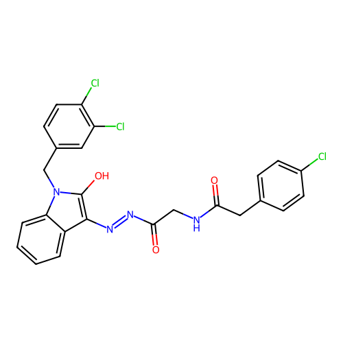 (Z)-2-(4-chlorophenyl)-N-(2-(2-(1-(3,4-dichlorobenzyl)-2-oxoindolin-3-ylidene)hydrazinyl)-2-oxoethyl)acetamide structure