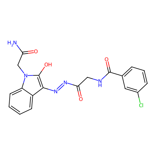 (Z)-N-(2-(2-(1-(2-amino-2-oxoethyl)-2-oxoindolin-3-ylidene)hydrazinyl)-2-oxoethyl)-3-chlorobenzamide structure