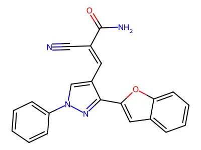 3-[3-(1-benzofuran-2-yl)-1-phenyl-1H-pyrazol-4-yl]-2-cyanoprop-2-enamide structure