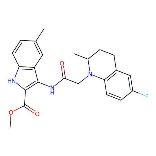 methyl 3-(2-(6-fluoro-2-methyl-3,4-dihydroquinolin-1(2H)-yl)acetamido)-5-methyl-1H-indole-2-carboxylate structure
