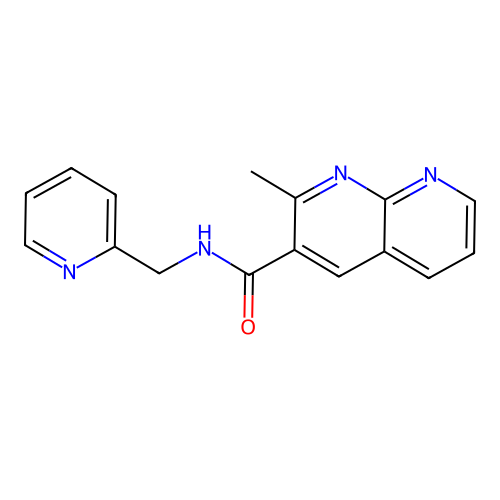 2-methyl-N-(pyridin-2-ylmethyl)-1,8-naphthyridine-3-carboxamide structure