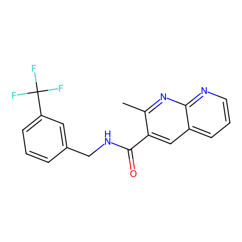 2-methyl-N-[[3-(trifluoromethyl)phenyl]methyl]-1,8-naphthyridine-3-carboxamide structure