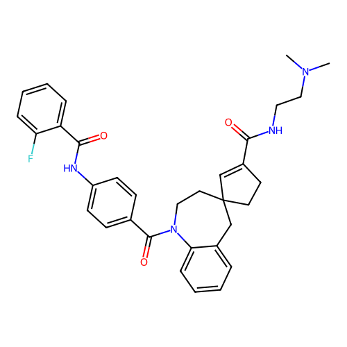 3''N-(2-dimethylaminoethyl)-1-[4-(2-fluorophenylcarboxamido)benzoyl]spiro[2,3,4,5-tetrahydro-1H-benzo[b]azepine-4,1''-(2''-cyclopentene)]-3''-carboxamide structure