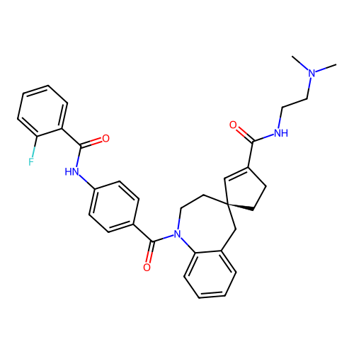 (R)-N-(2-(Dimethylamino)ethyl)-1-(4-(2-fluorobenzamido)benzoyl)-1,2,3,5-tetrahydrospiro[benzo[b]azepine-4,1'-cyclopent[2]ene]-3'-carboxamide structure