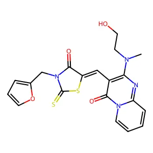 3-{(Z)-[3-(furan-2-ylmethyl)-4-oxo-2-thioxo-1,3-thiazolidin-5-ylidene]methyl}-2-[(2-hydroxyethyl)(methyl)amino]-4H-pyrido[1,2-a]pyrimidin-4-one structure