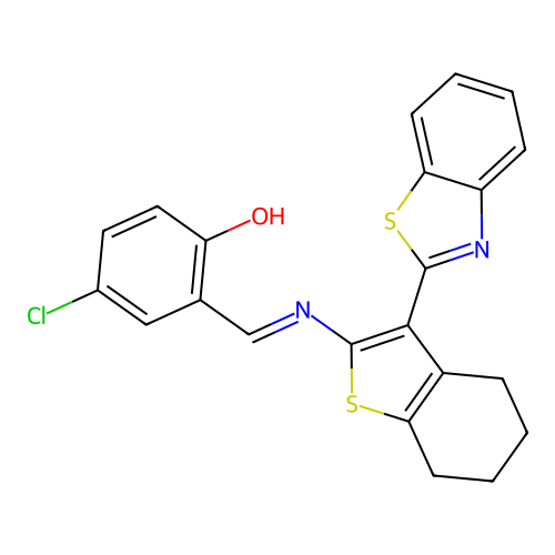 2-[(1E)-{[3-(1,3-benzothiazol-2-yl)-4,5,6,7-tetrahydro-1-benzothiophen-2-yl]imino}methyl]-4-chlorophenol structure