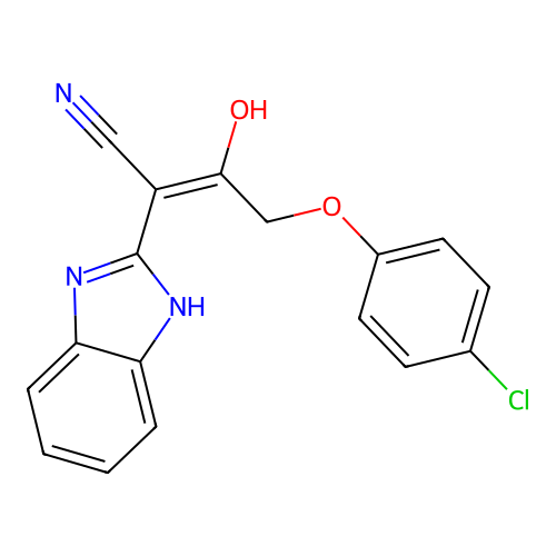 (E)-2-(1H-benzimidazol-2-yl)-4-(4-chlorophenoxy)-3-hydroxybut-2-enenitrile structure