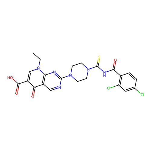2-[4-[(2,4-dichlorobenzoyl)carbamothioyl]piperazin-1-yl]-8-ethyl-5-oxopyrido[2,3-d]pyrimidine-6-carboxylic acid structure