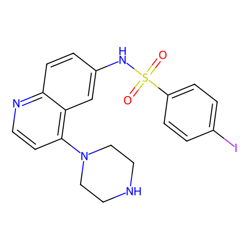 4-iodo-N-(4-piperazin-1-ylquinolin-6-yl)benzenesulfonamide structure
