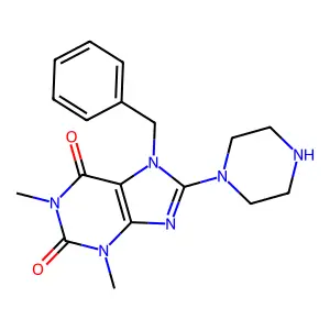 7-Benzyl-1,3-dimethyl-8-piperazin-1-yl-3,7-dihydropurine-2,6-dione structure