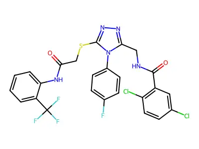 2,5-dichloro-N-{[4-(4-fluorophenyl)-5-[({[2-(trifluoromethyl)phenyl]carbamoyl}methyl)sulfanyl]-4H-1,2,4-triazol-3-yl]methyl}benzamide structure