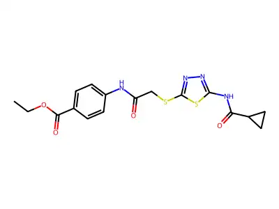 ethyl 4-{2-[(5-cyclopropaneamido-1,3,4-thiadiazol-2-yl)sulfanyl]acetamido}benzoate structure