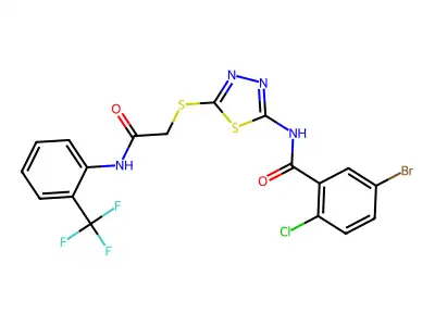 5-bromo-2-chloro-N-{5-[({[2-(trifluoromethyl)phenyl]carbamoyl}methyl)sulfanyl]-1,3,4-thiadiazol-2-yl}benzamide structure