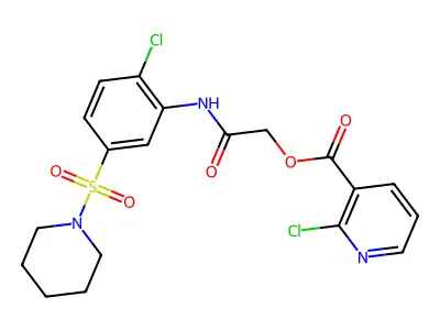 [2-(2-chloro-5-piperidin-1-ylsulfonylanilino)-2-oxoethyl] 2-chloropyridine-3-carboxylate structure