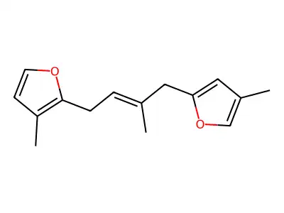 3-Methyl-2-[3-methyl-4-(4-methylfuran-2-yl)but-2-enyl]furan structure