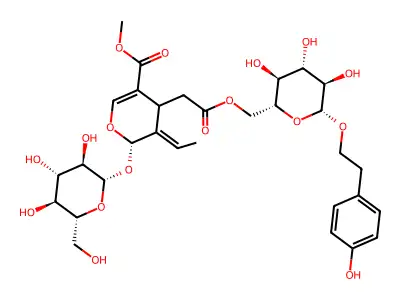methyl (6S)-5-ethylidene-4-[2-oxo-2-[[(2R,3S,4S,5R,6R)-3,4,5-trihydroxy-6-[2-(4-hydroxyphenyl)ethoxy]oxan-2-yl]methoxy]ethyl]-6-[(2S,3R,4S,5S,6R)-3,4,5-trihydroxy-6-(hydroxymethyl)oxan-2-yl]oxy-4H-pyran-3-carboxylate structure
