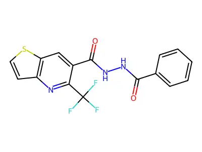 N'-benzoyl-5-(trifluoromethyl)thieno[3,2-b]pyridine-6-carbohydrazide structure