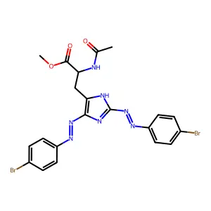 methyl 2-acetamido-3-[5-[(4-bromophenyl)diazenyl]-2-[(4-bromophenyl)hydrazinylidene]imidazol-4-yl]propanoate structure