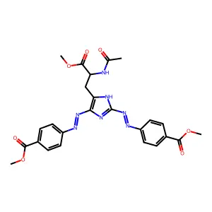 Methyl 4-{(2E)-2-[4-(2-acetamido-3-methoxy-3-oxopropyl)-5-{(E)-[4-(methoxycarbonyl)phenyl]diazenyl}-2H-imidazol-2-ylidene]hydrazinyl}benzoate structure