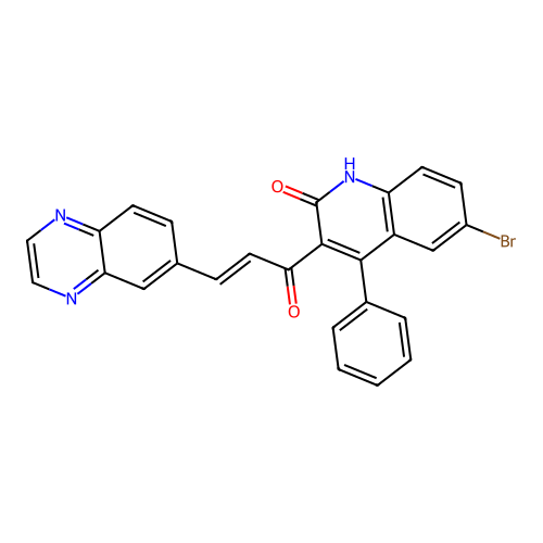 (E)-6-bromo-4-phenyl-3-(3-(quinoxalin-6-yl)acryloyl)quinolin-2(1H)-one structure