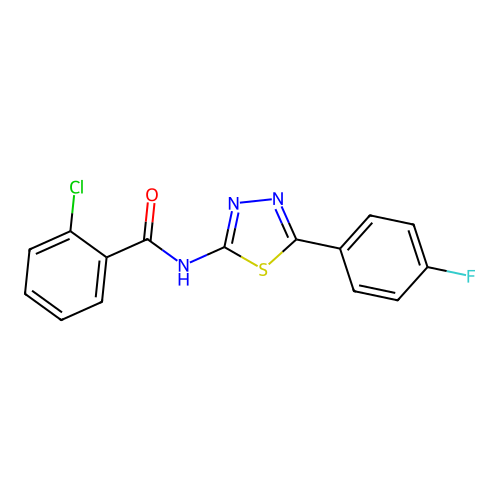 2-chloro-N-(5-(4-fluorophenyl)-1,3,4-thiadiazol-2-yl)benzamide structure
