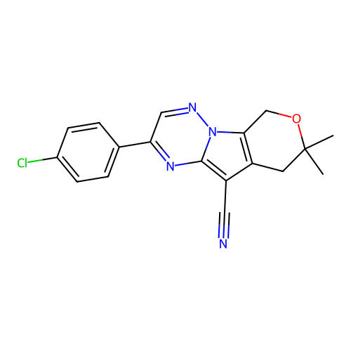 2-(4-chlorophenyl)-8,8-dimethyl-8,9-dihydro-6H-pyrano[4',3':4,5]pyrrolo[1,2-b][1,2,4]triazine-10-carbonitrile structure