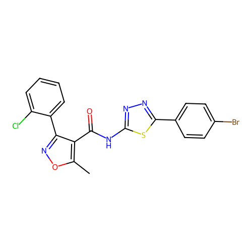 N-[5-(4-bromophenyl)-1,3,4-thiadiazol-2-yl]-3-(2-chlorophenyl)-5-methyl-1,2-oxazole-4-carboxamide structure