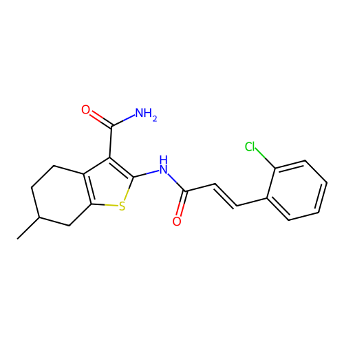 2-[(2E)-3-(2-CHLOROPHENYL)PROP-2-ENAMIDO]-6-METHYL-4,5,6,7-TETRAHYDRO-1-BENZOTHIOPHENE-3-CARBOXAMIDE structure