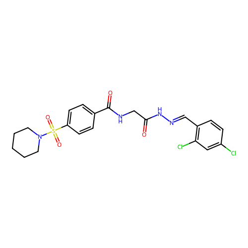 (E)-N-(2-(2-(2,4-dichlorobenzylidene)hydrazinyl)-2-oxoethyl)-4-(piperidin-1-ylsulfonyl)benzamide structure