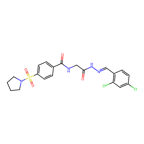 (E)-N-(2-(2-(2,4-dichlorobenzylidene)hydrazinyl)-2-oxoethyl)-4-(pyrrolidin-1-ylsulfonyl)benzamide structure