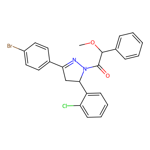 1-(3-(4-bromophenyl)-5-(2-chlorophenyl)-4,5-dihydro-1H-pyrazol-1-yl)-2-methoxy-2-phenylethanone structure